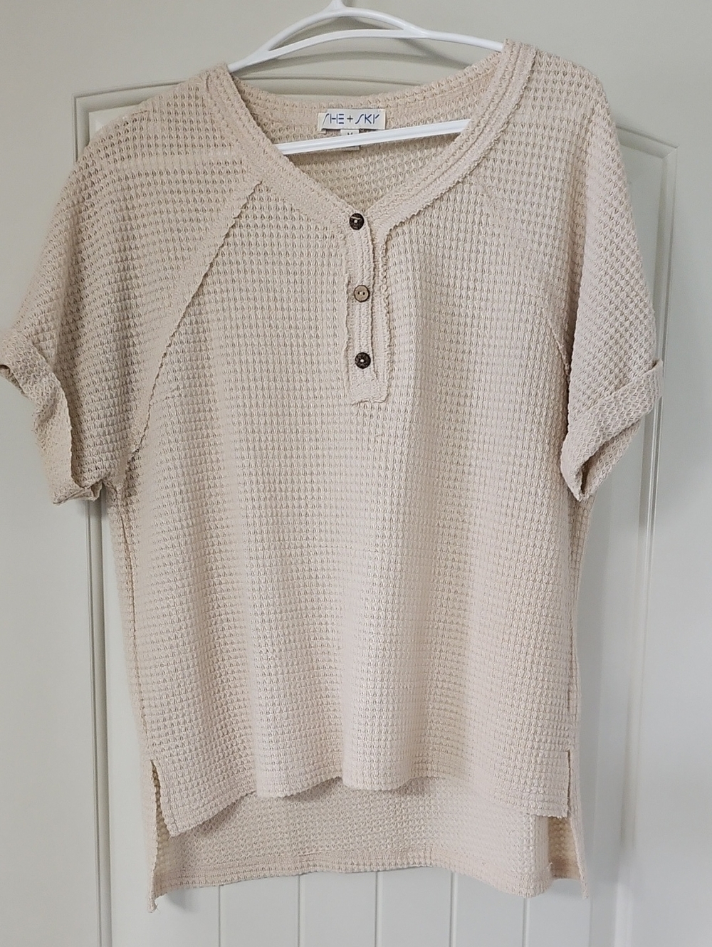 Beige Waffle Henley Short Sleeve Top